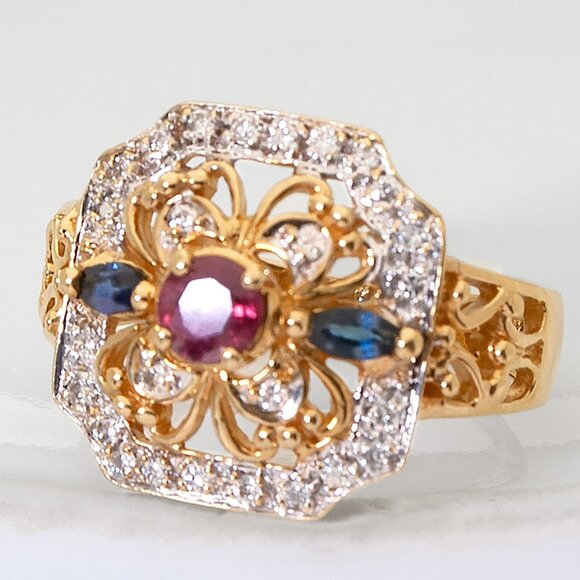 Vintage 18kt Yellow Gold Diamond Ring, Ruby and Sapphire, SZ 6, Appraised $3350 - Picture 9 of 11